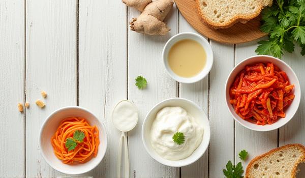 An aesthetically pleasing flat lay of fermented foods (kefir, kimchi, yogurt) and digestive herbs, representing gut health.